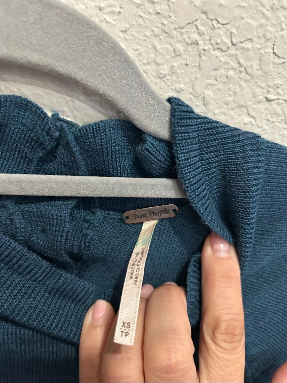 Free People Teal Ruffle Mock-Neck Long Sleeve Top